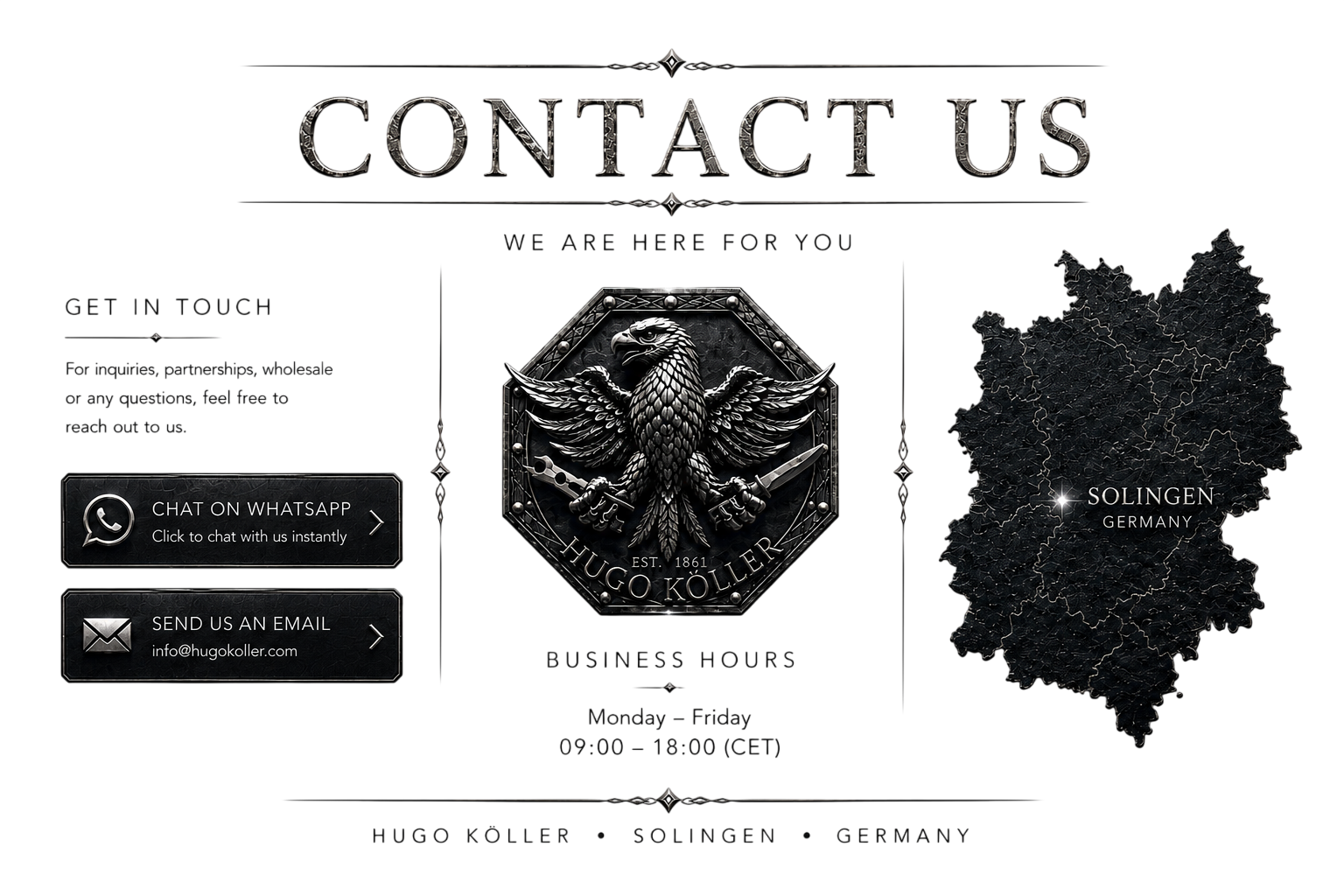 Contact Us - Hugo Köller iletişim bilgileri, WhatsApp ve e-posta butonları